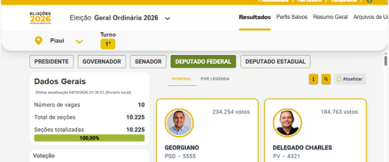 Confira o resultado da eleição para deputado federal no Piauí